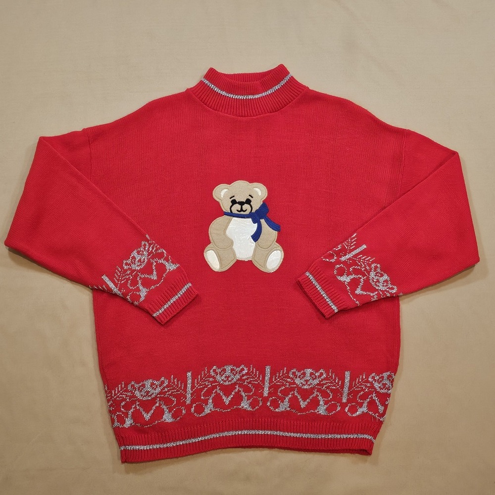 Vintage Jennifer Adams Red Teddy Bear Womens L Acrylic‎ Pullover Knit Sweater